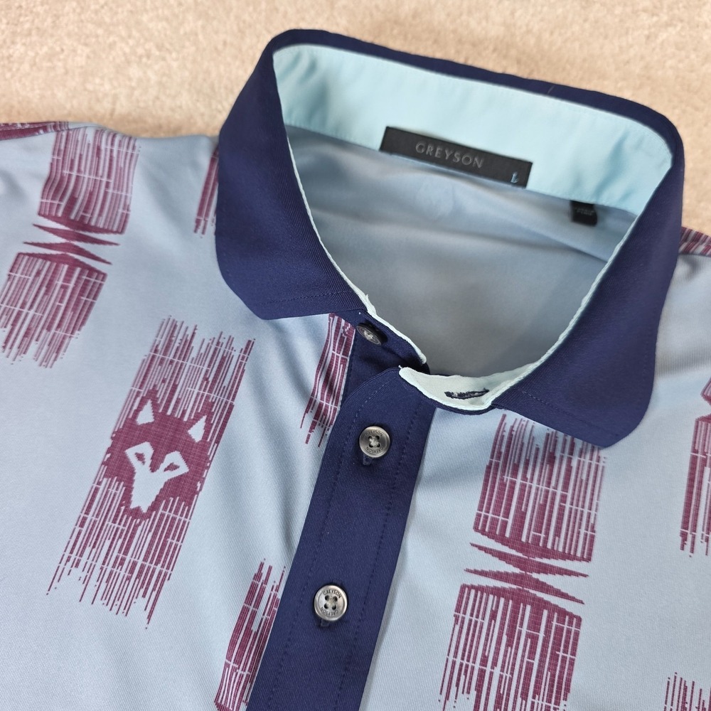 Greyson Western Spirits Golf Polo Shirt Mens L Light Blue Wolf Print Classic